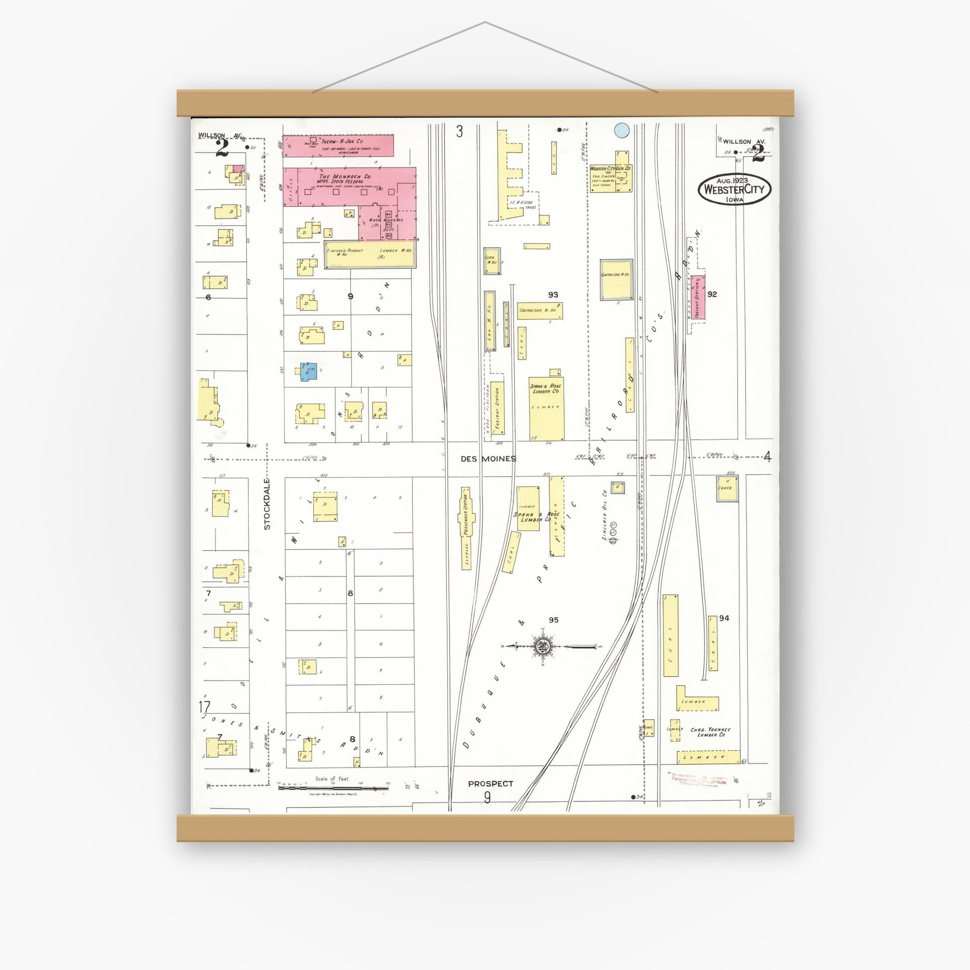 Old map wall art mockup — magnetic wood frame on white wall — Sanborn Fire Insurance Map from Webster City, Hamilton County, Iowa (1923), Sheet #0002