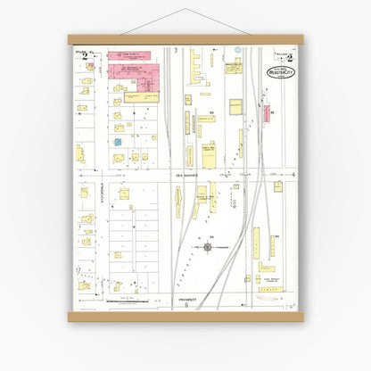 Old map wall art mockup — magnetic wood frame on white wall — Sanborn Fire Insurance Map from Webster City, Hamilton County, Iowa (1923), Sheet #0002