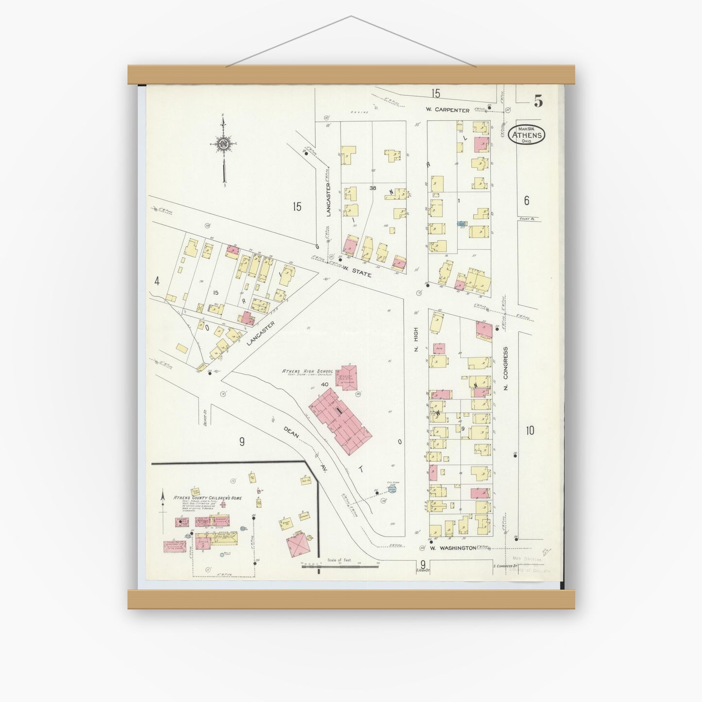 Old map wall art mockup — magnetic wood frame on white wall — Sanborn Fire Insurance Map from Athens, Athens County, Ohio (1914), Sheet #0005