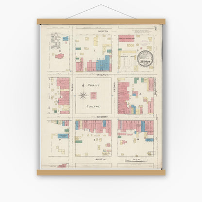 Old map wall art mockup — magnetic wood frame on white wall — Sanborn Fire Insurance Map from Nevada, Vernon County, Missouri (1885), Sheet #0001