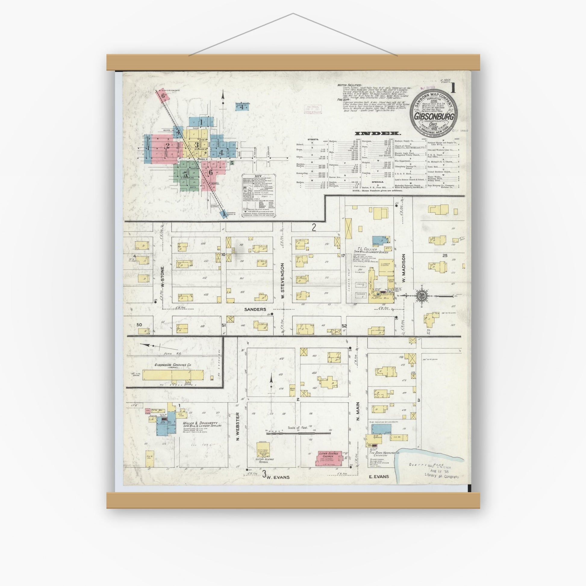 Old map wall art mockup — magnetic wood frame on white wall — Sanborn Fire Insurance Map from Gibsonburg, Sandusky County, Ohio (1910) - Complete Map Set