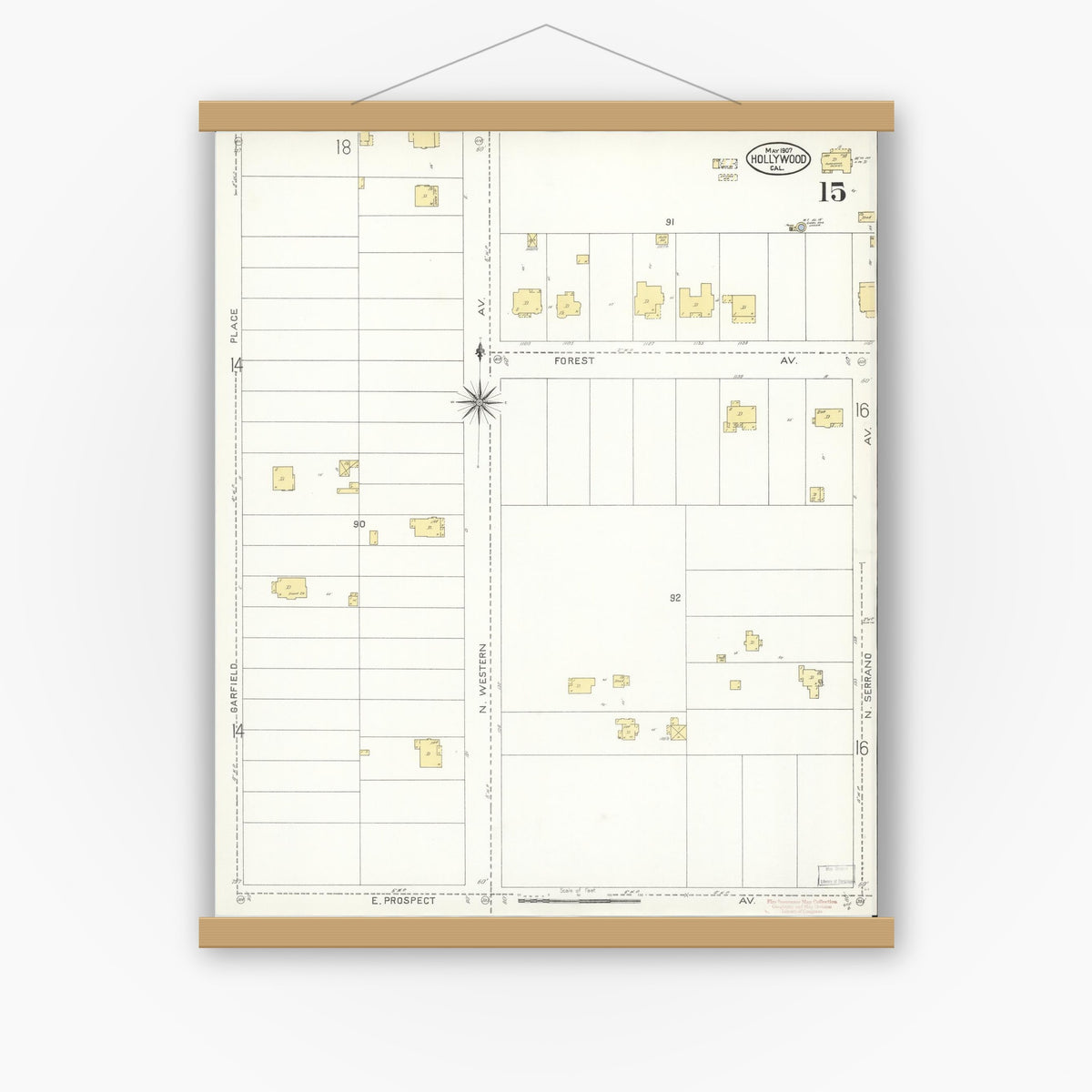 Old map wall art mockup — magnetic wood frame on white wall — Sanborn Fire Insurance Map from Hollywood, Los Angeles County, California (1907), Sheet #0015