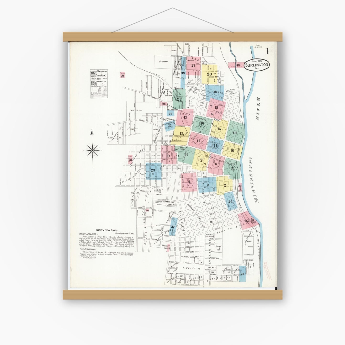 Old map wall art mockup — magnetic wood frame on white wall — Sanborn Fire Insurance Map from Burlington, Des Moines County, Iowa (1892) â€” Complete Set