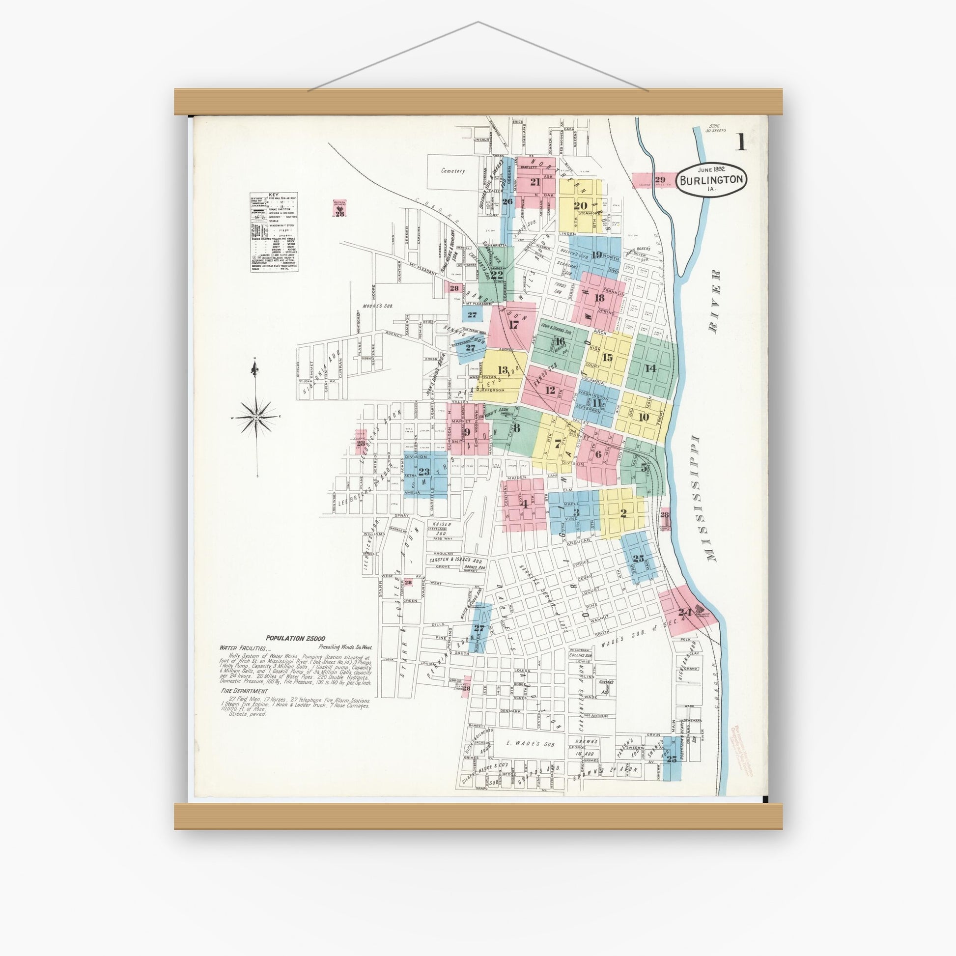 Old map wall art mockup — magnetic wood frame on white wall — Sanborn Fire Insurance Map from Burlington, Des Moines County, Iowa (1892) â€” Complete Set