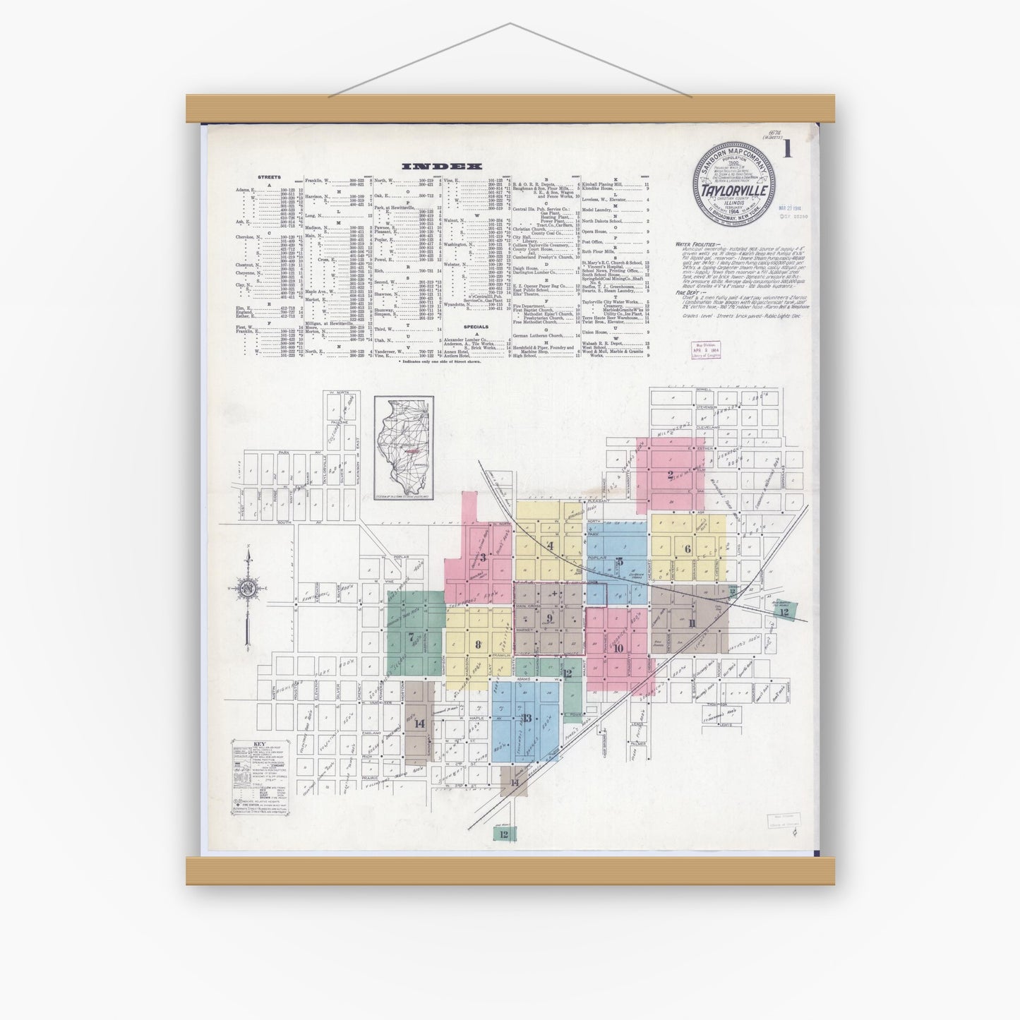 Old map wall art mockup — magnetic wood frame on white wall — Sanborn Fire Insurance Map from Taylorville, Christian County, Illinois (1914) - Complete Map Set