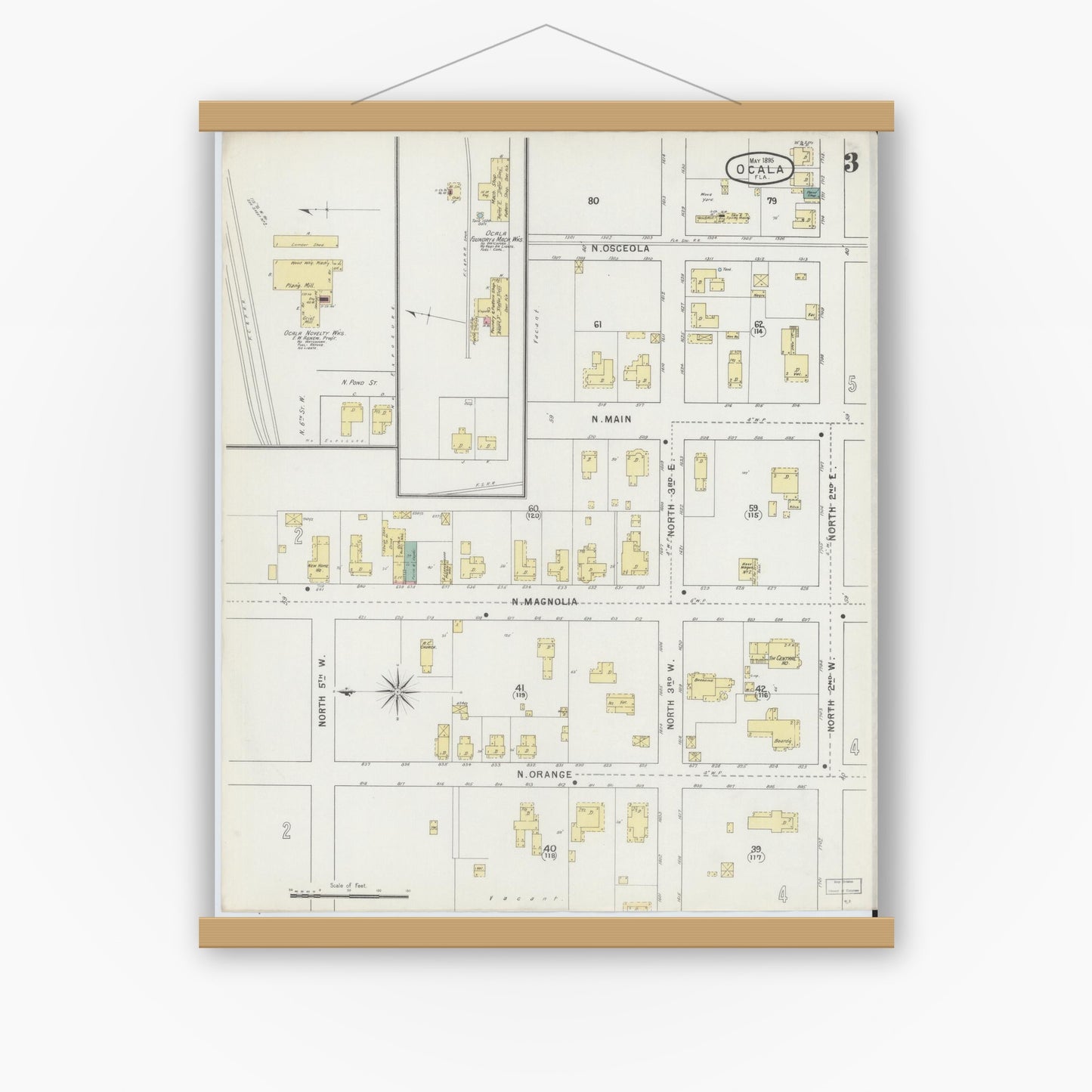 Old map wall art mockup — magnetic wood frame on white wall — Sanborn Fire Insurance Map from Ocala, Marion County, Florida (1895), Sheet #0003