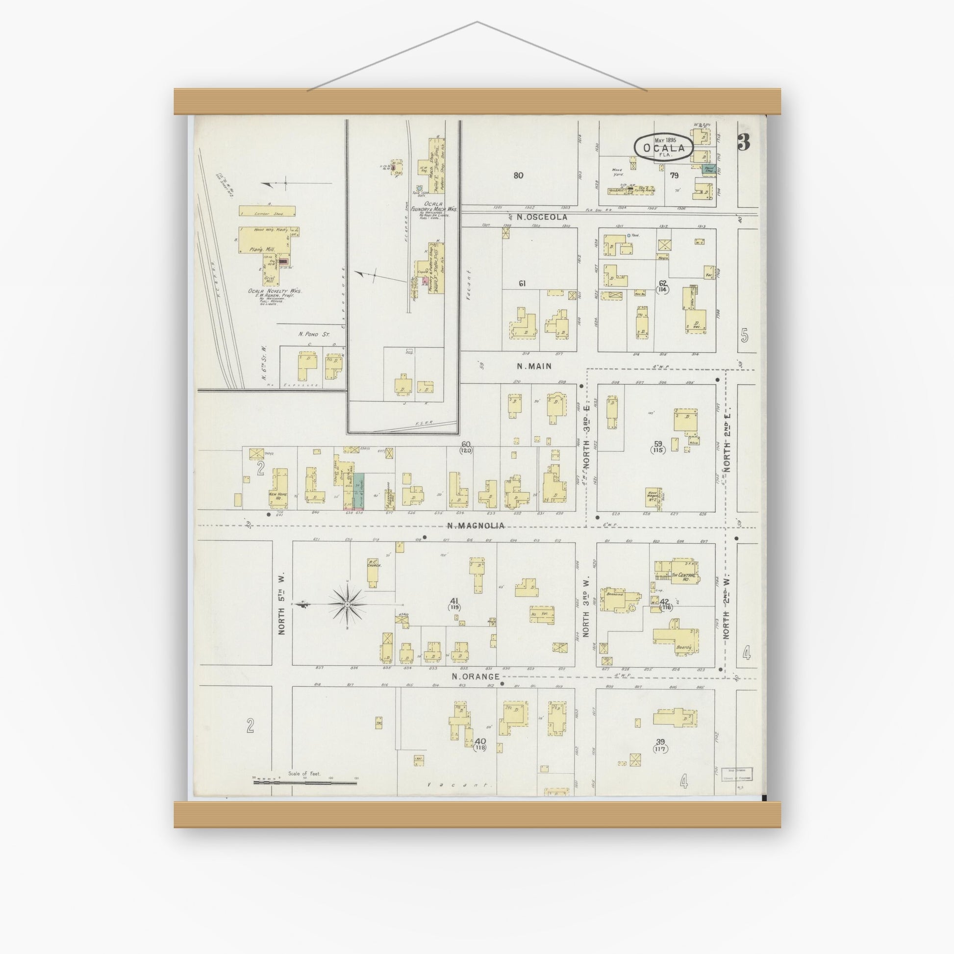 Old map wall art mockup — magnetic wood frame on white wall — Sanborn Fire Insurance Map from Ocala, Marion County, Florida (1895), Sheet #0003