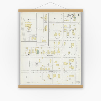 Old map wall art mockup — magnetic wood frame on white wall — Sanborn Fire Insurance Map from Ocala, Marion County, Florida (1895), Sheet #0003