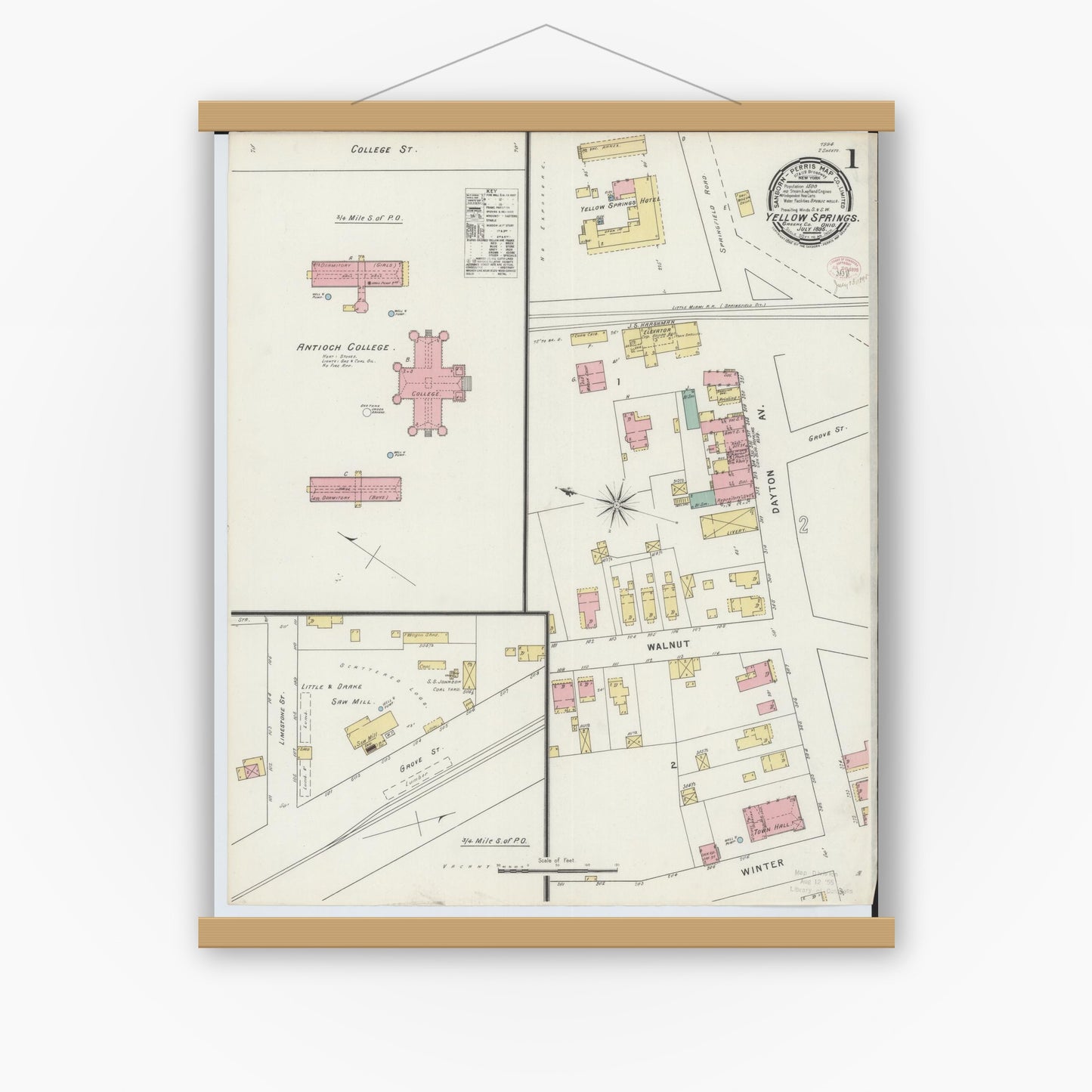 Old map wall art mockup — magnetic wood frame on white wall — Sanborn Fire Insurance Map from Yellow Springs, Greene County, Ohio (1895), Sheet #0001