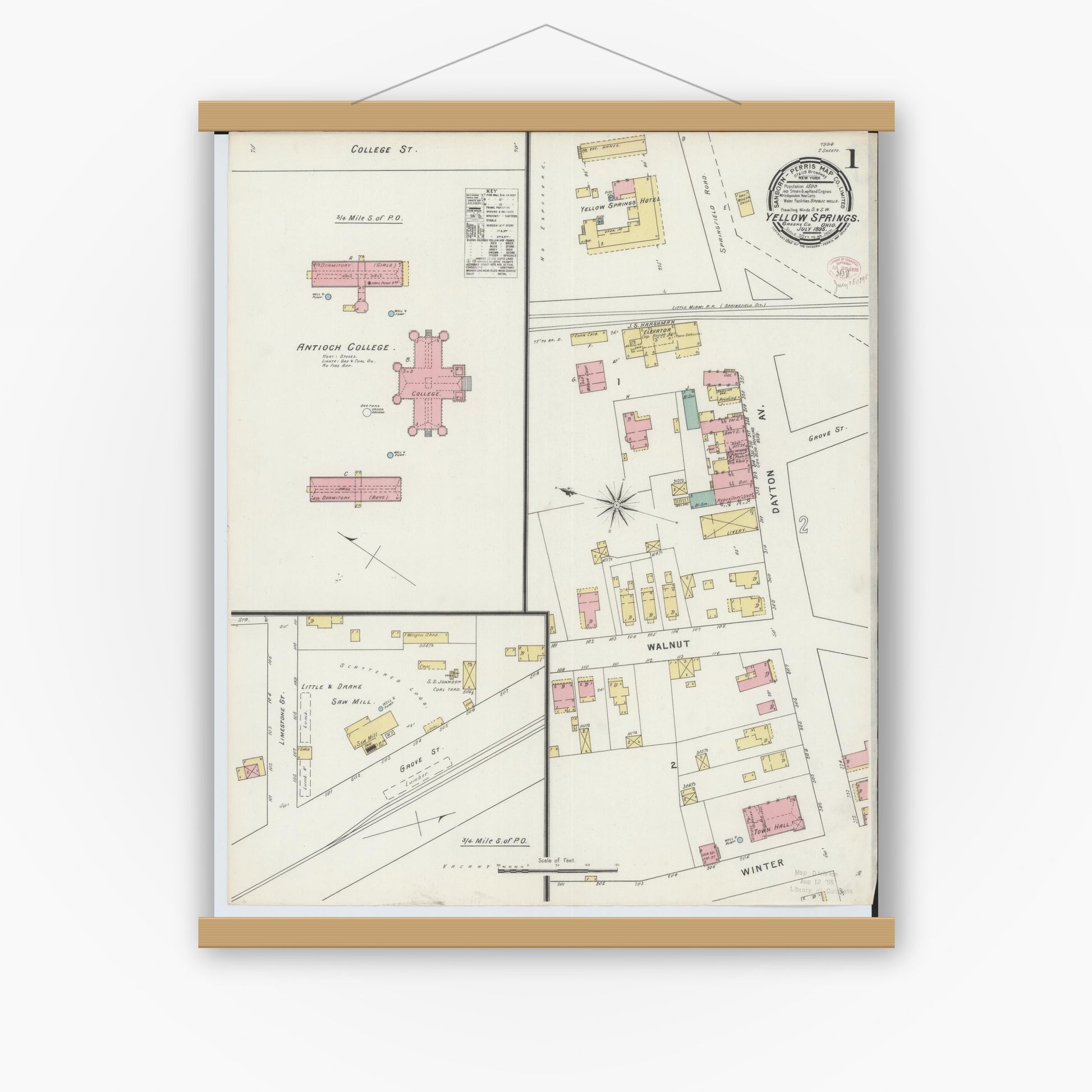 Old map wall art mockup — magnetic wood frame on white wall — Sanborn Fire Insurance Map from Yellow Springs, Greene County, Ohio (1895), Sheet #0001