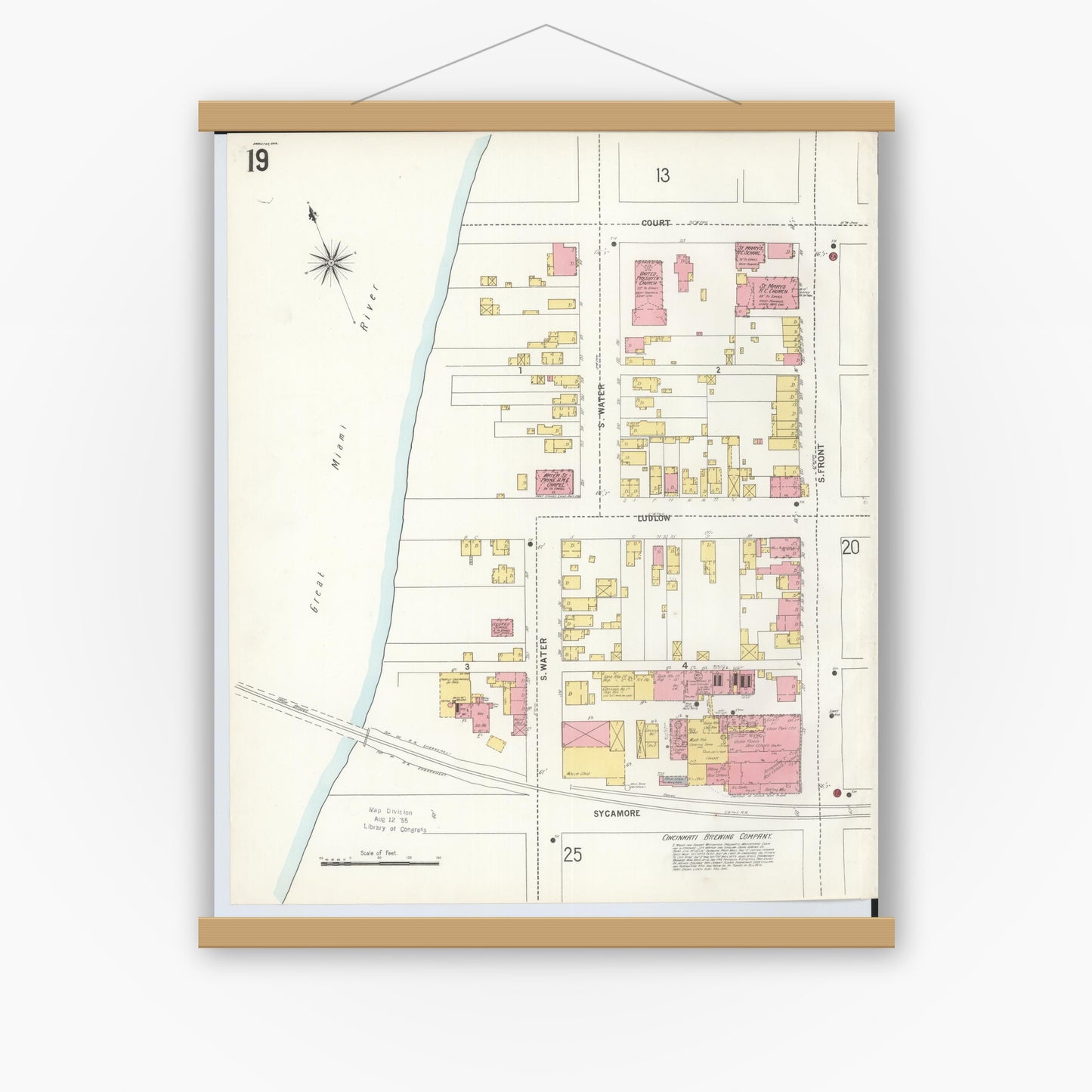 Old map wall art mockup — magnetic wood frame on white wall — Sanborn Fire Insurance Map from Hamilton, Butler County, Ohio (1899), Sheet #0019