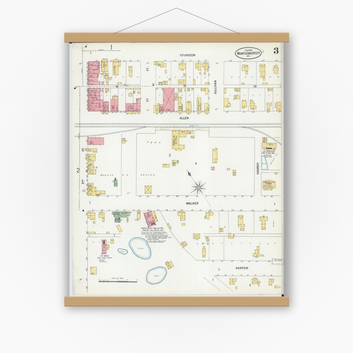 Old map wall art mockup — magnetic wood frame on white wall — Sanborn Fire Insurance Map from Montgomery City, Montgomery County, Missouri (1900), Sheet #0003