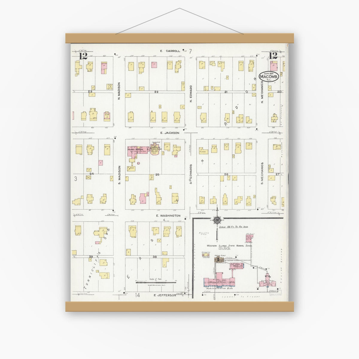 Old map wall art mockup — magnetic wood frame on white wall — Sanborn Fire Insurance Map from Macomb, Mcdonough County, Illinois (1924), Sheet #0012