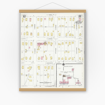 Old map wall art mockup — magnetic wood frame on white wall — Sanborn Fire Insurance Map from Macomb, Mcdonough County, Illinois (1924), Sheet #0012