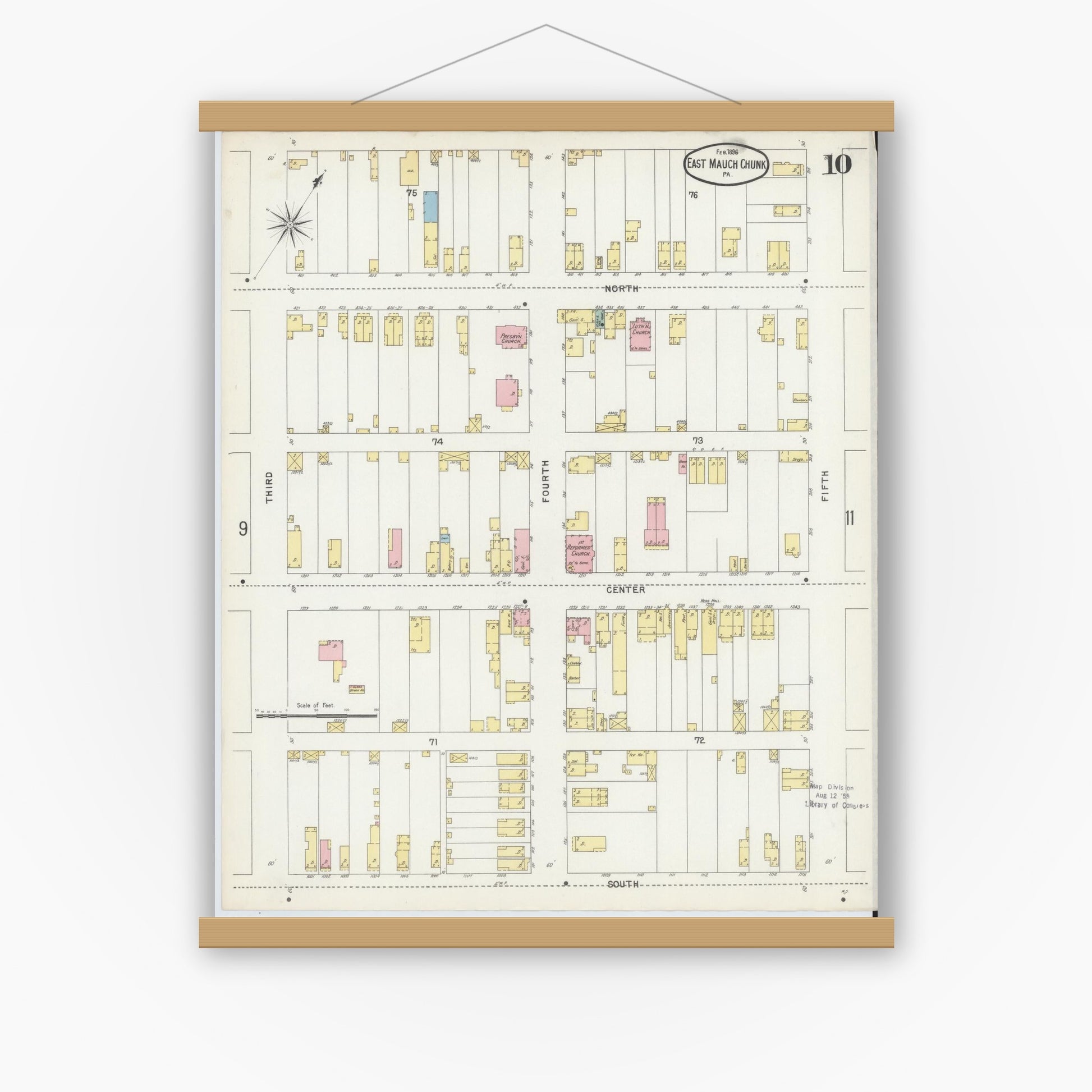Old map wall art mockup — magnetic wood frame on white wall — Sanborn Fire Insurance Map from Mauch Chunk, Carbon County, Pennsylvania (1896), Sheet #0010