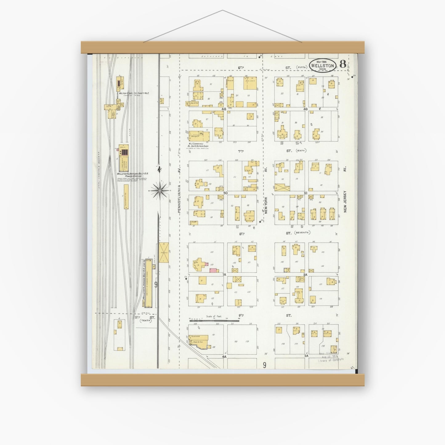 Old map wall art mockup — magnetic wood frame on white wall — Sanborn Fire Insurance Map from Wellston, Jackson County, Ohio (1904), Sheet #0008