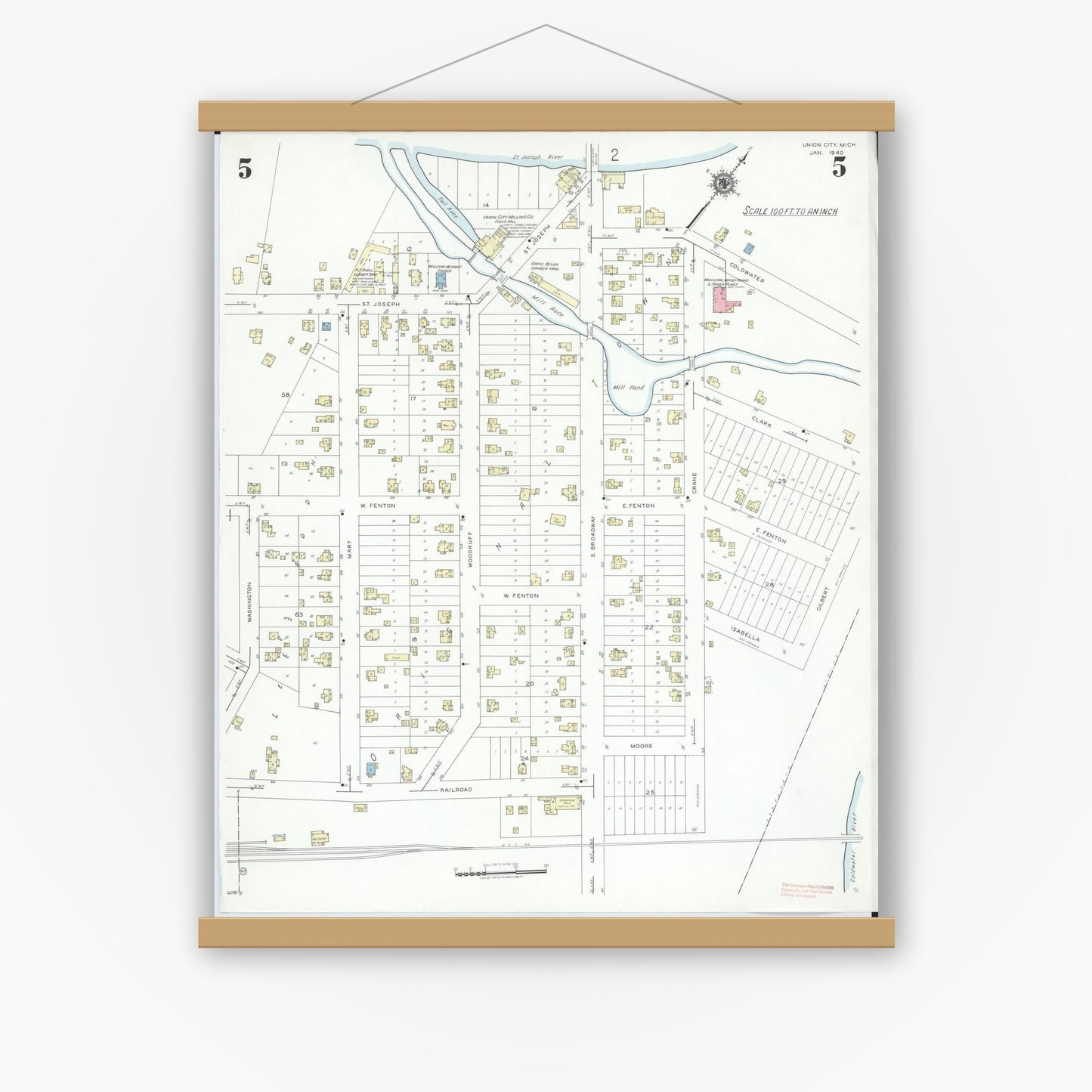 Old map wall art mockup — magnetic wood frame on white wall — Sanborn Fire Insurance Map from Union City, Branch And Calhoun Counties, Michigan (1940), Sheet #0005