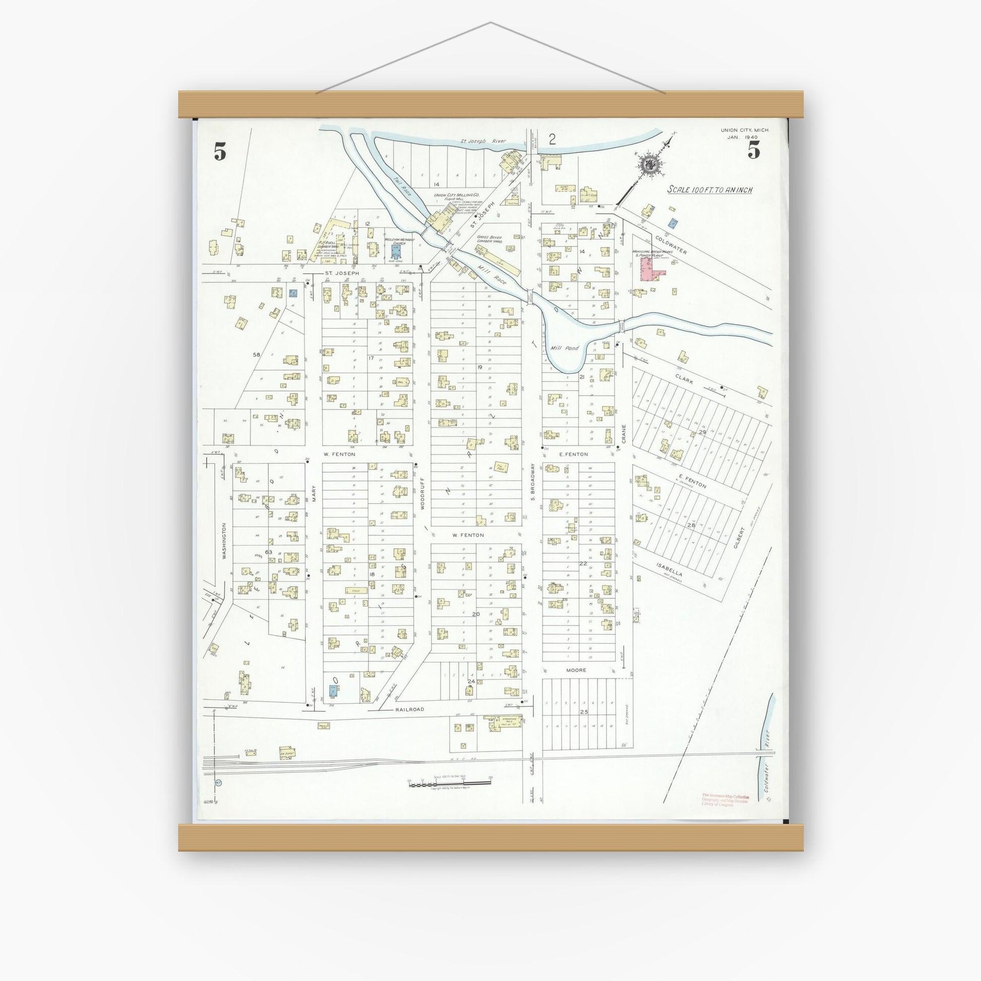 Old map wall art mockup — magnetic wood frame on white wall — Sanborn Fire Insurance Map from Union City, Branch And Calhoun Counties, Michigan (1940), Sheet #0005
