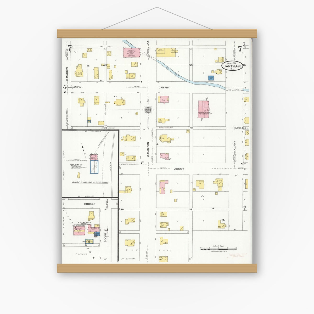 Old map wall art mockup — magnetic wood frame on white wall — Sanborn Fire Insurance Map from Carthage, Hancock County, Illinois (1926), Sheet #0007