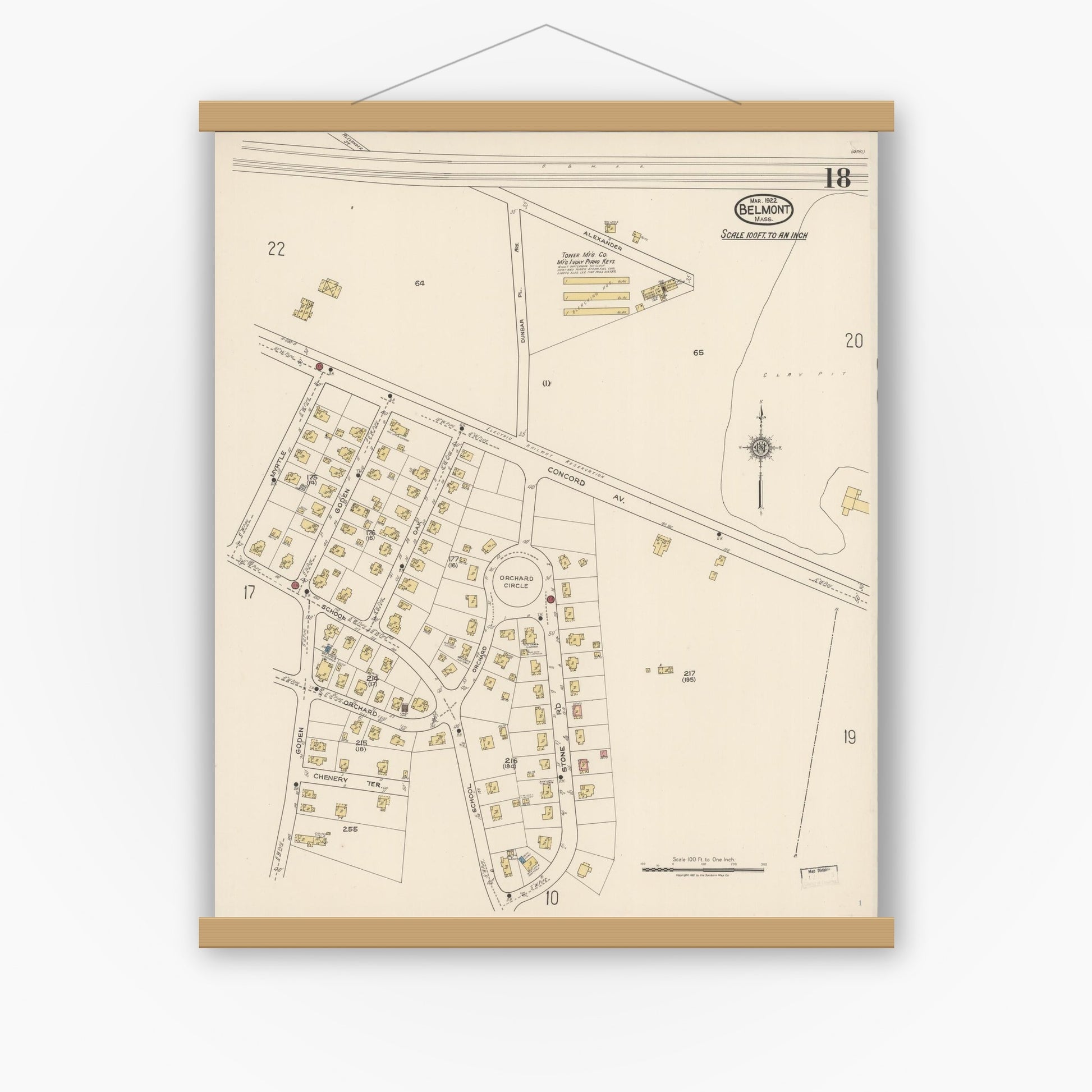 Old map wall art mockup — magnetic wood frame on white wall — Sanborn Fire Insurance Map from Belmont, Middlesex County, Massachusetts (1922), Sheet #0018