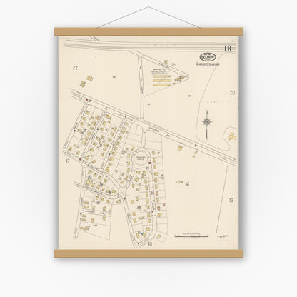 Old map wall art mockup — magnetic wood frame on white wall — Sanborn Fire Insurance Map from Belmont, Middlesex County, Massachusetts (1922), Sheet #0018