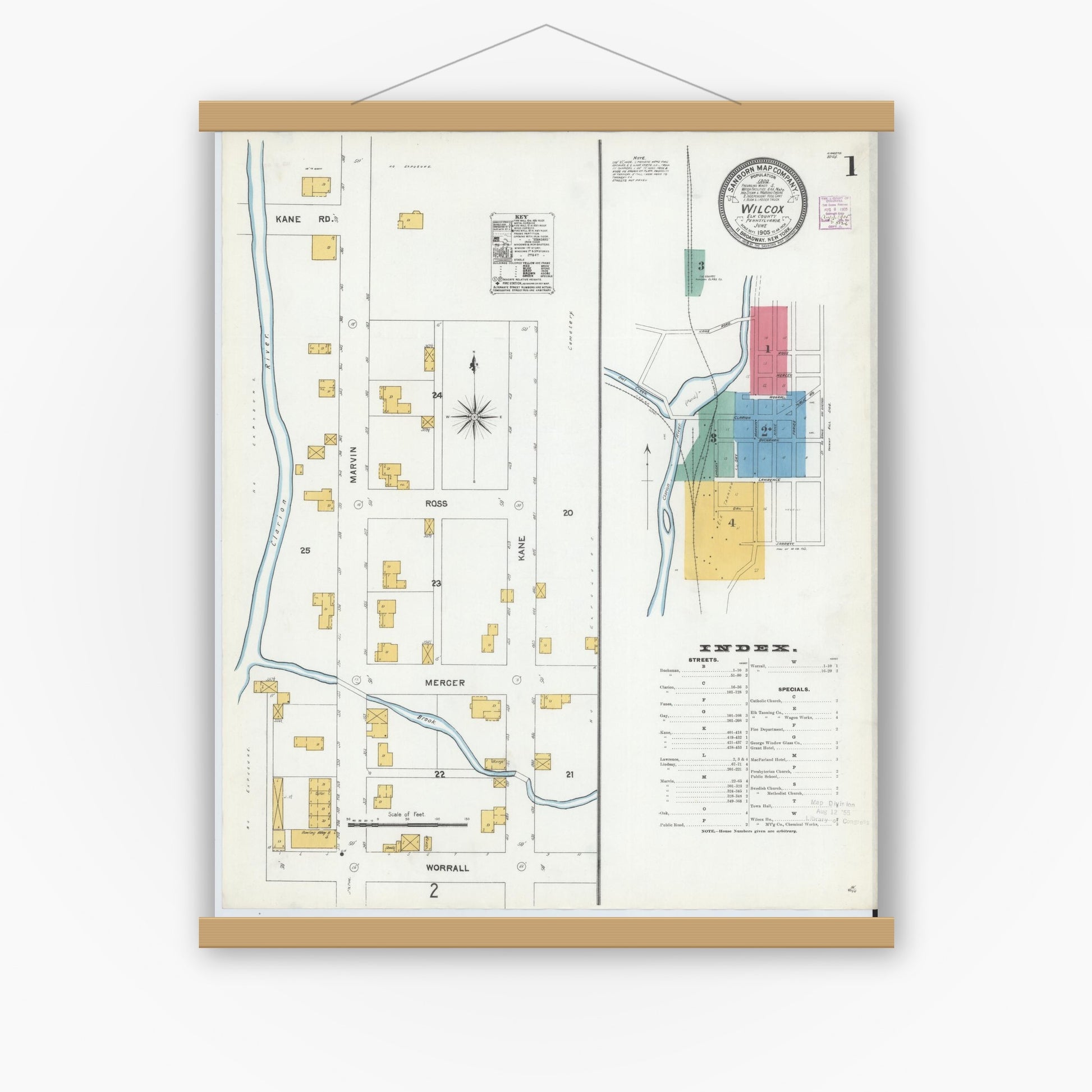Old map wall art mockup — magnetic wood frame on white wall — Sanborn Fire Insurance Map from Wilcox, Elk County, Pennsylvania (1905) - Complete Map Set