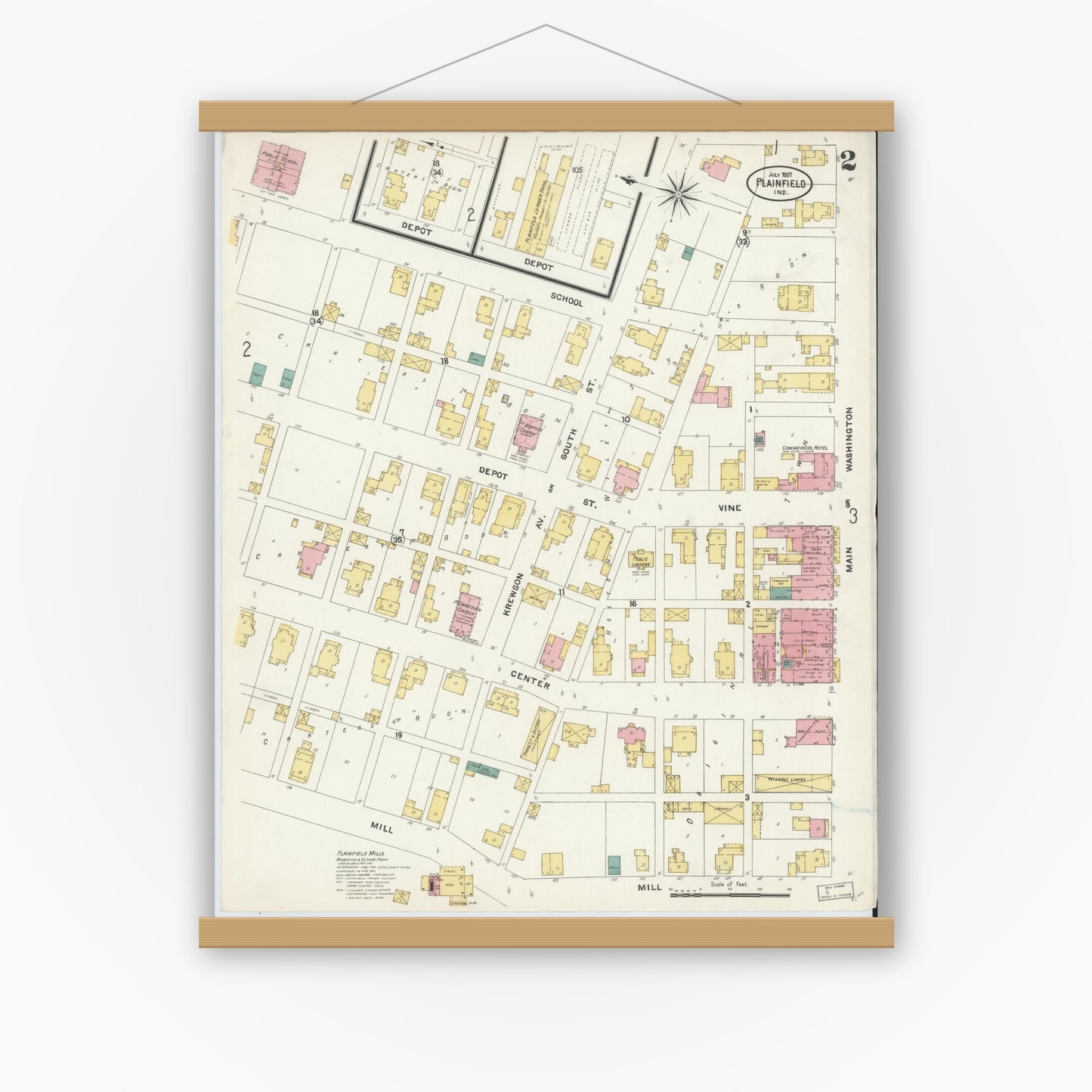 Old map wall art mockup — magnetic wood frame on white wall — Sanborn Fire Insurance Map from Plainfield, Hendricks County, Indiana (1907), Sheet #0002