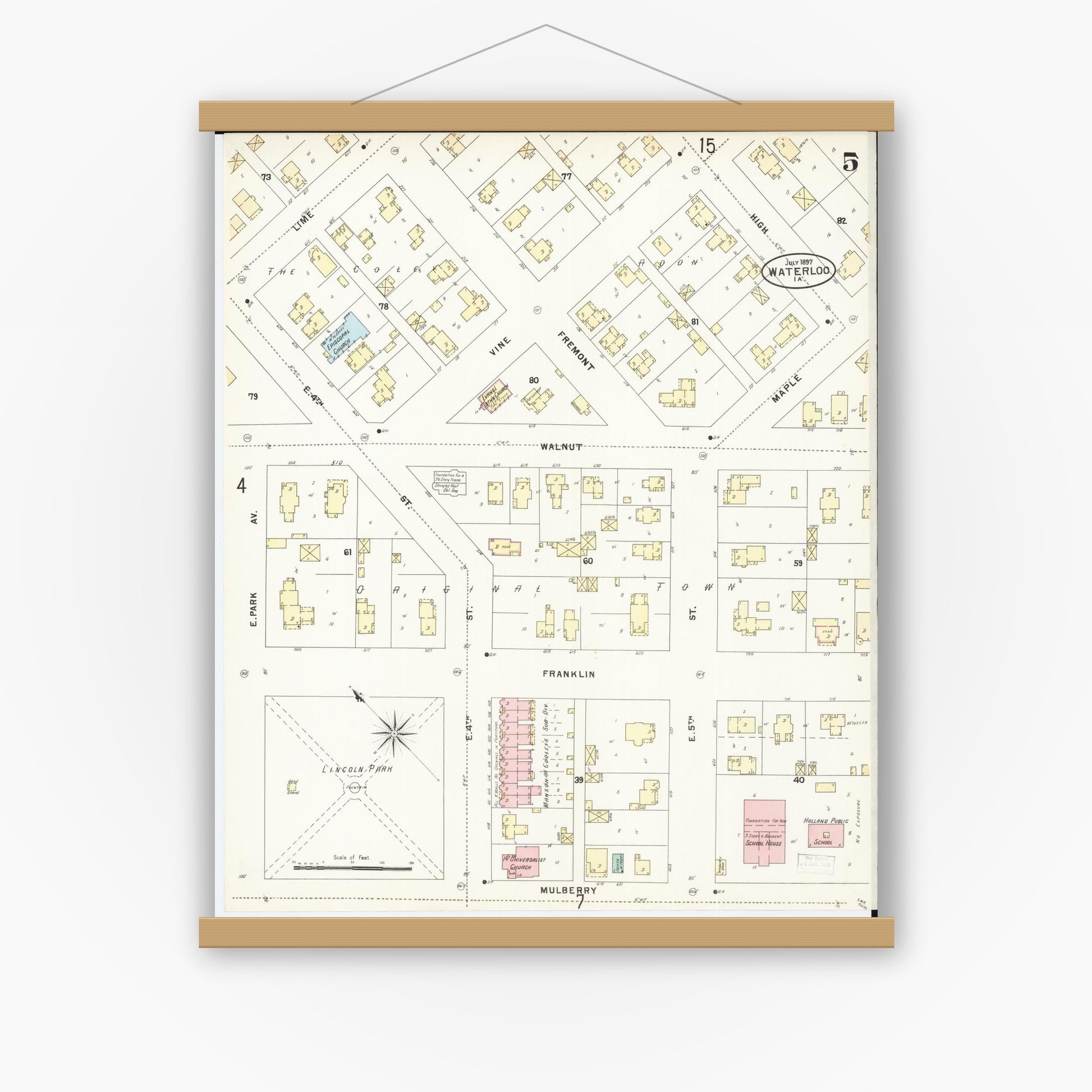 Old map wall art mockup — magnetic wood frame on white wall — Sanborn Fire Insurance Map from Waterloo, Black Hawk County, Iowa (1897), Sheet #0005
