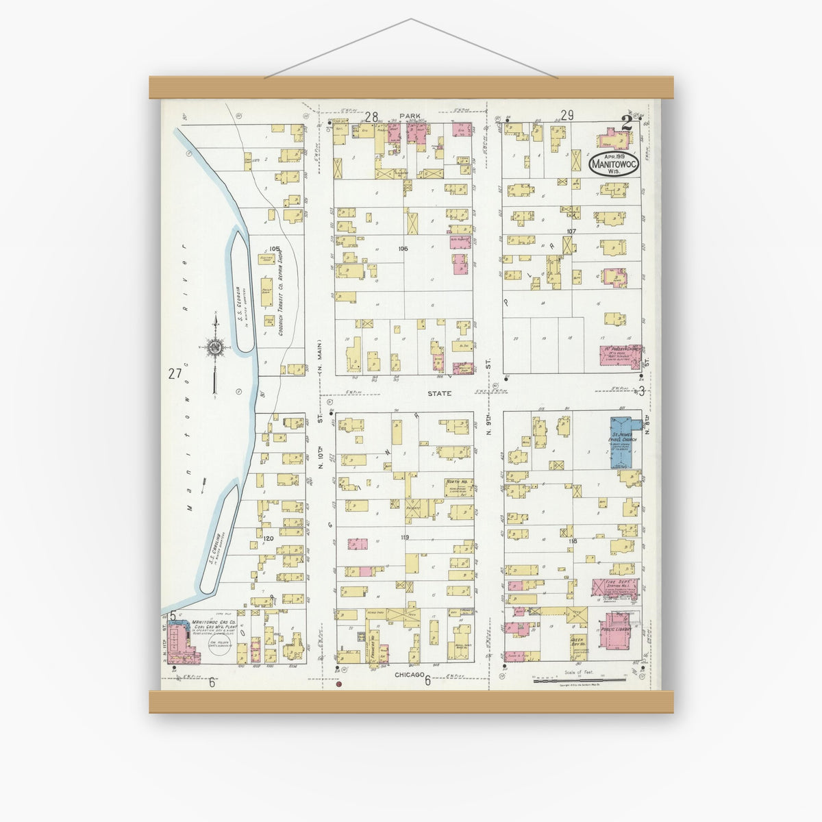 Old map wall art mockup — magnetic wood frame on white wall — Sanborn Fire Insurance Map from Manitowoc, Manitowoc County, Wisconsin (1919), Sheet #0002