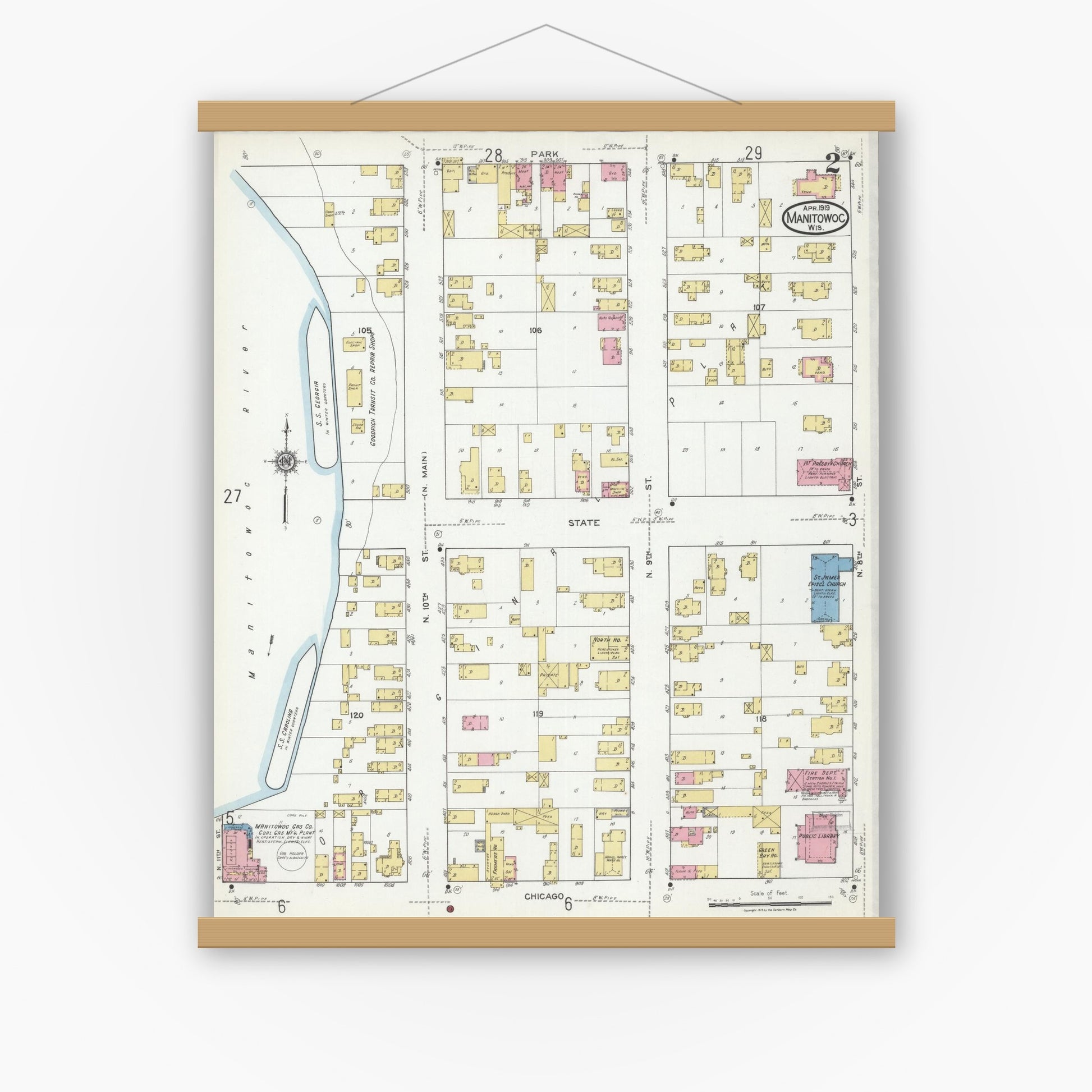 Old map wall art mockup — magnetic wood frame on white wall — Sanborn Fire Insurance Map from Manitowoc, Manitowoc County, Wisconsin (1919), Sheet #0002