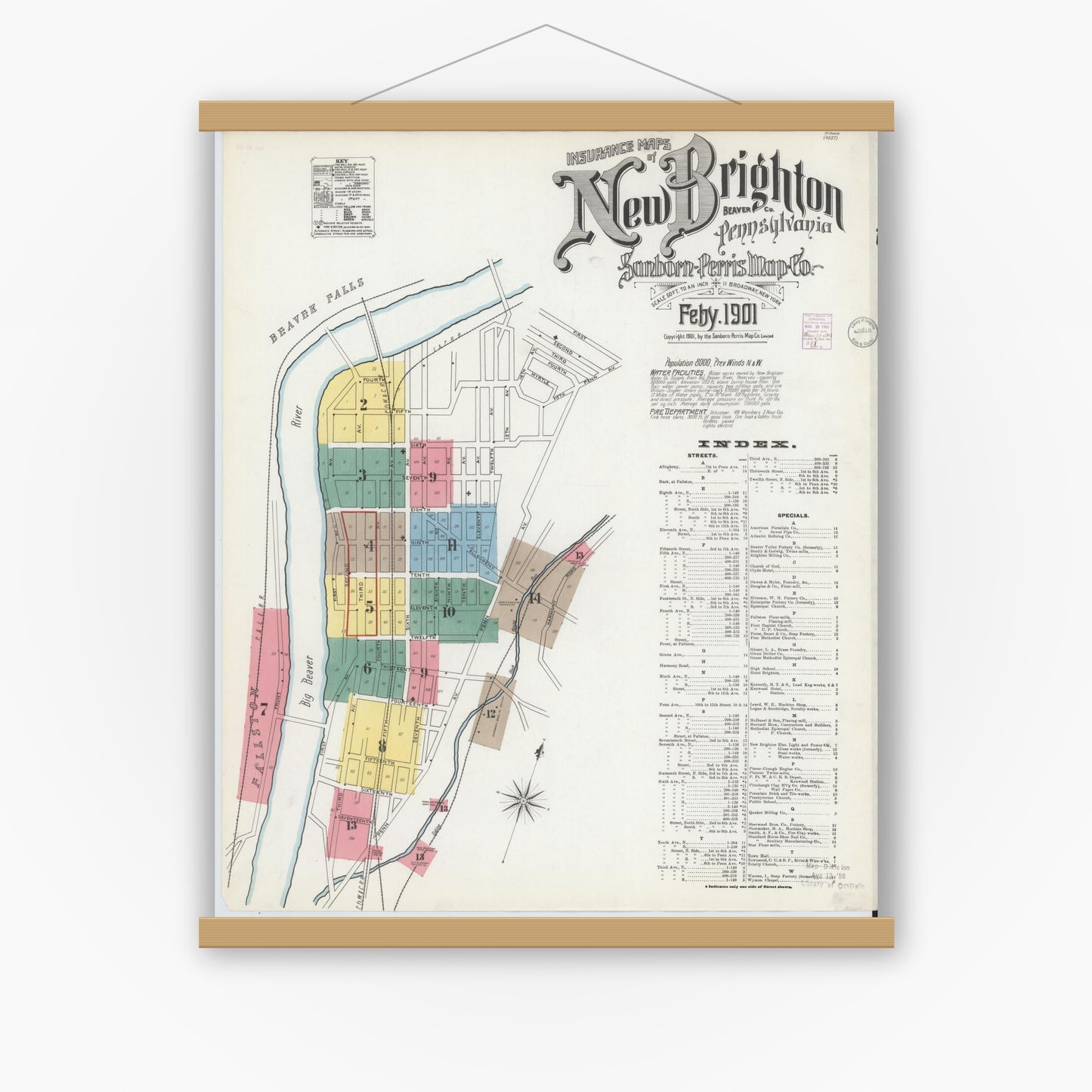 Old map wall art mockup — magnetic wood frame on white wall — Sanborn Fire Insurance Map from New Brighton, Beaver County, Pennsylvania (1901) - Complete Map Set