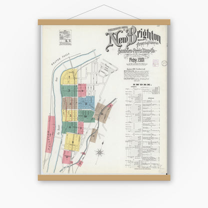 Old map wall art mockup — magnetic wood frame on white wall — Sanborn Fire Insurance Map from New Brighton, Beaver County, Pennsylvania (1901) - Complete Map Set