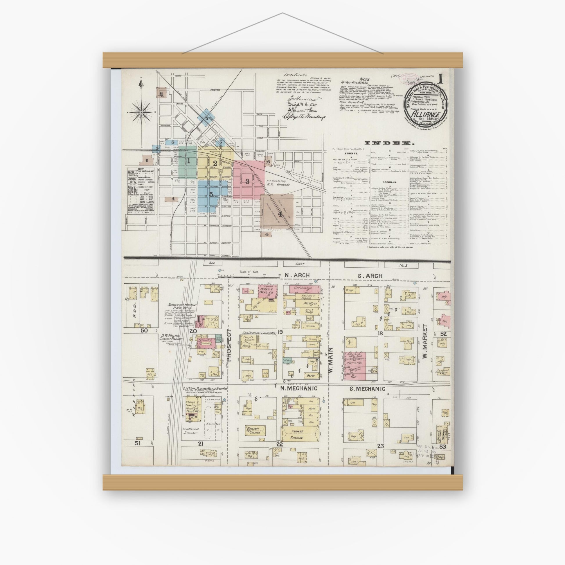Old map wall art mockup — magnetic wood frame on white wall — Sanborn Fire Insurance Map from Alliance, Stark County, Ohio (1888) - Complete Map Set