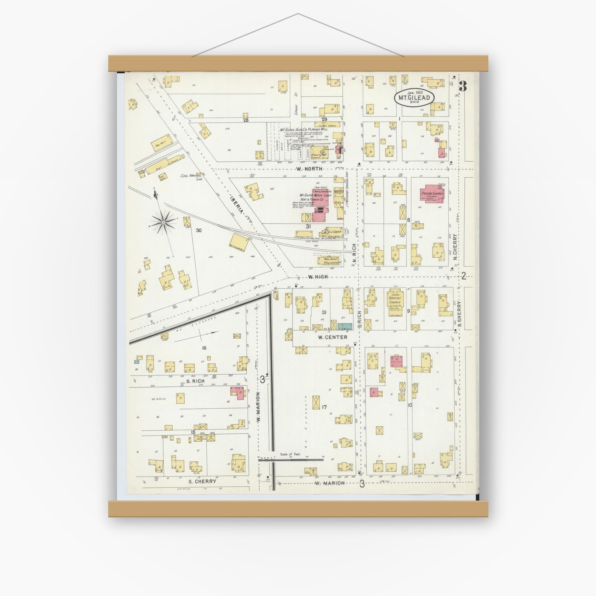 Old map wall art mockup — magnetic wood frame on white wall — Sanborn Fire Insurance Map from Mount Gilead, Morrow County, Ohio (1903), Sheet #0003