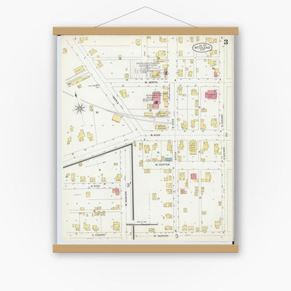Old map wall art mockup — magnetic wood frame on white wall — Sanborn Fire Insurance Map from Mount Gilead, Morrow County, Ohio (1903), Sheet #0003