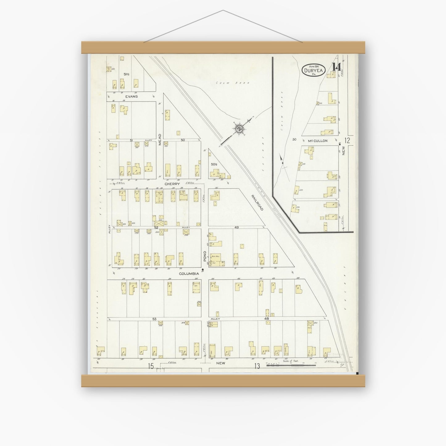 Old map wall art mockup — magnetic wood frame on white wall — Sanborn Fire Insurance Map from Duryea, Luzerne County, Pennsylvania (1914), Sheet #0014