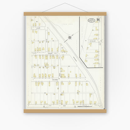 Old map wall art mockup — magnetic wood frame on white wall — Sanborn Fire Insurance Map from Duryea, Luzerne County, Pennsylvania (1914), Sheet #0014