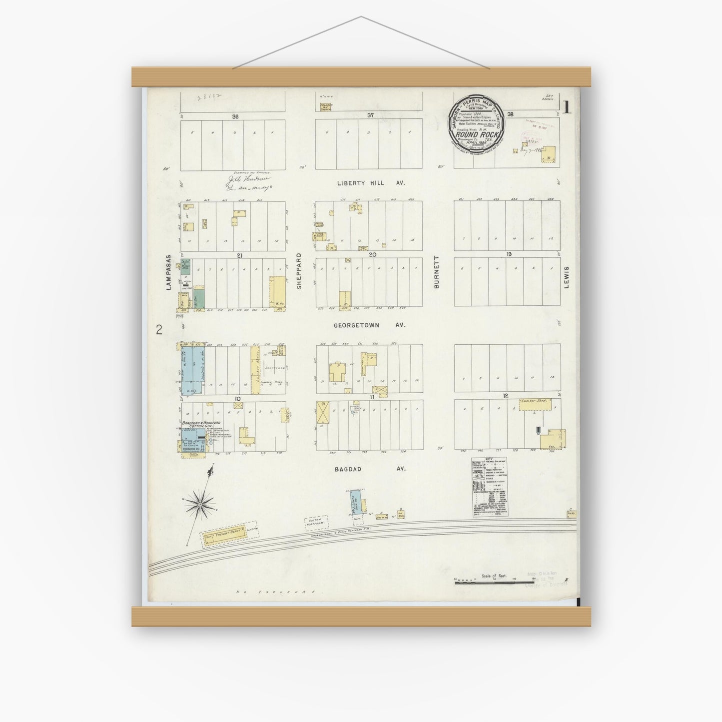 Old map wall art mockup — magnetic wood frame on white wall — Sanborn Fire Insurance Map from Round Rock, Williamson County, Texas (1896) - Complete Map Set