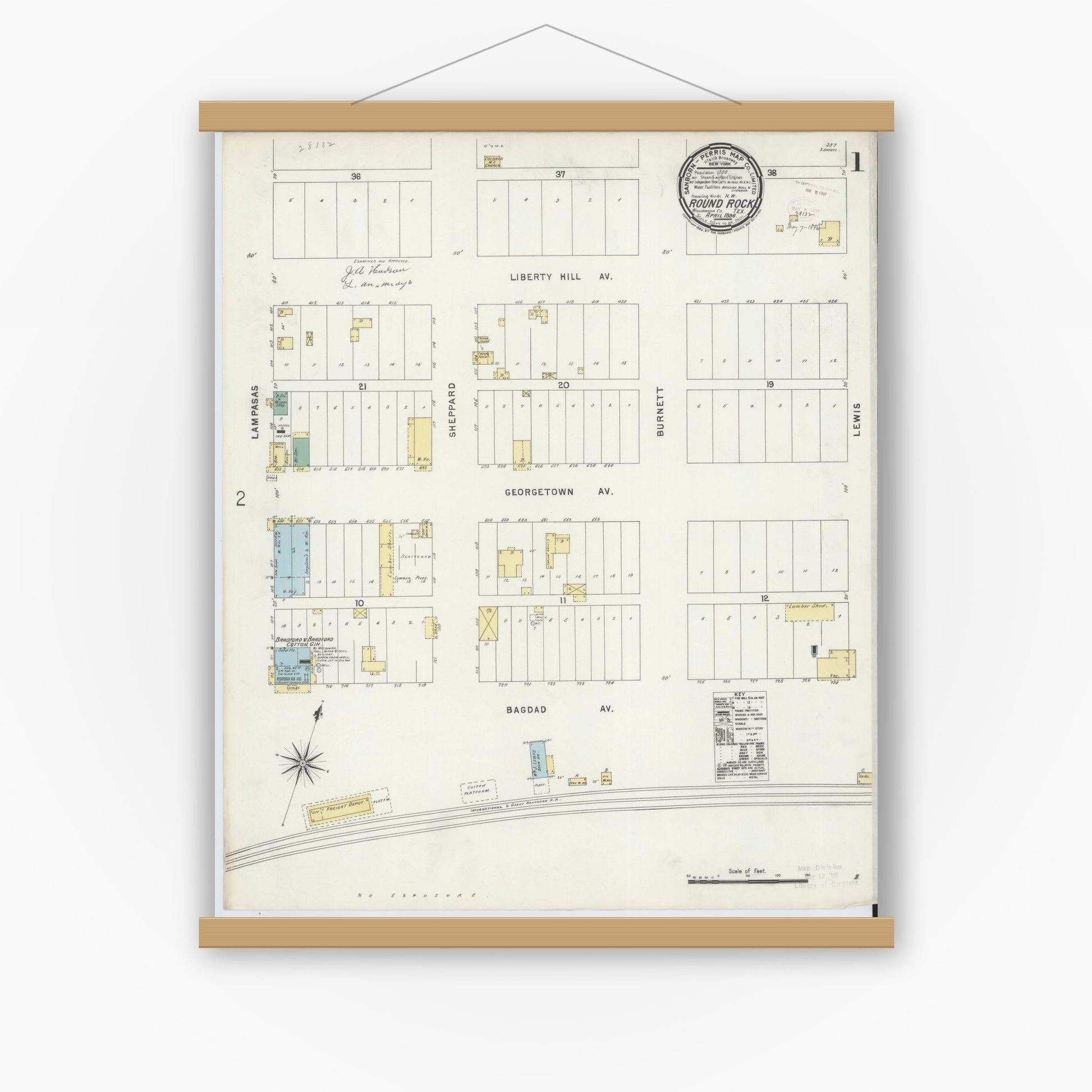 Old map wall art mockup — magnetic wood frame on white wall — Sanborn Fire Insurance Map from Round Rock, Williamson County, Texas (1896) - Complete Map Set