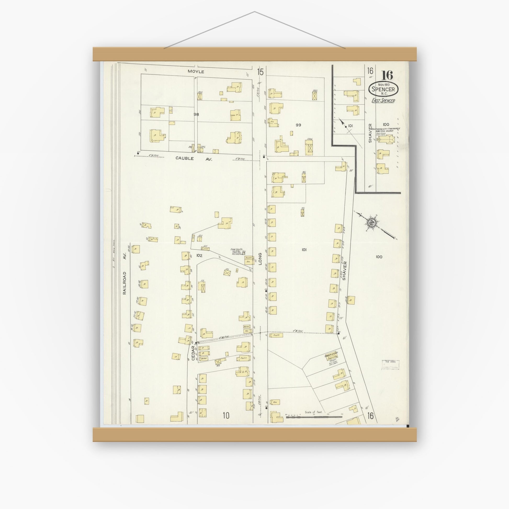 Old map wall art mockup — magnetic wood frame on white wall — Sanborn Fire Insurance Map from Spencer, Rowan County, North Carolina (1913), Sheet #0016