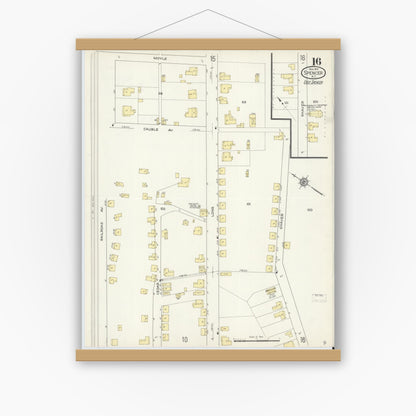 Old map wall art mockup — magnetic wood frame on white wall — Sanborn Fire Insurance Map from Spencer, Rowan County, North Carolina (1913), Sheet #0016
