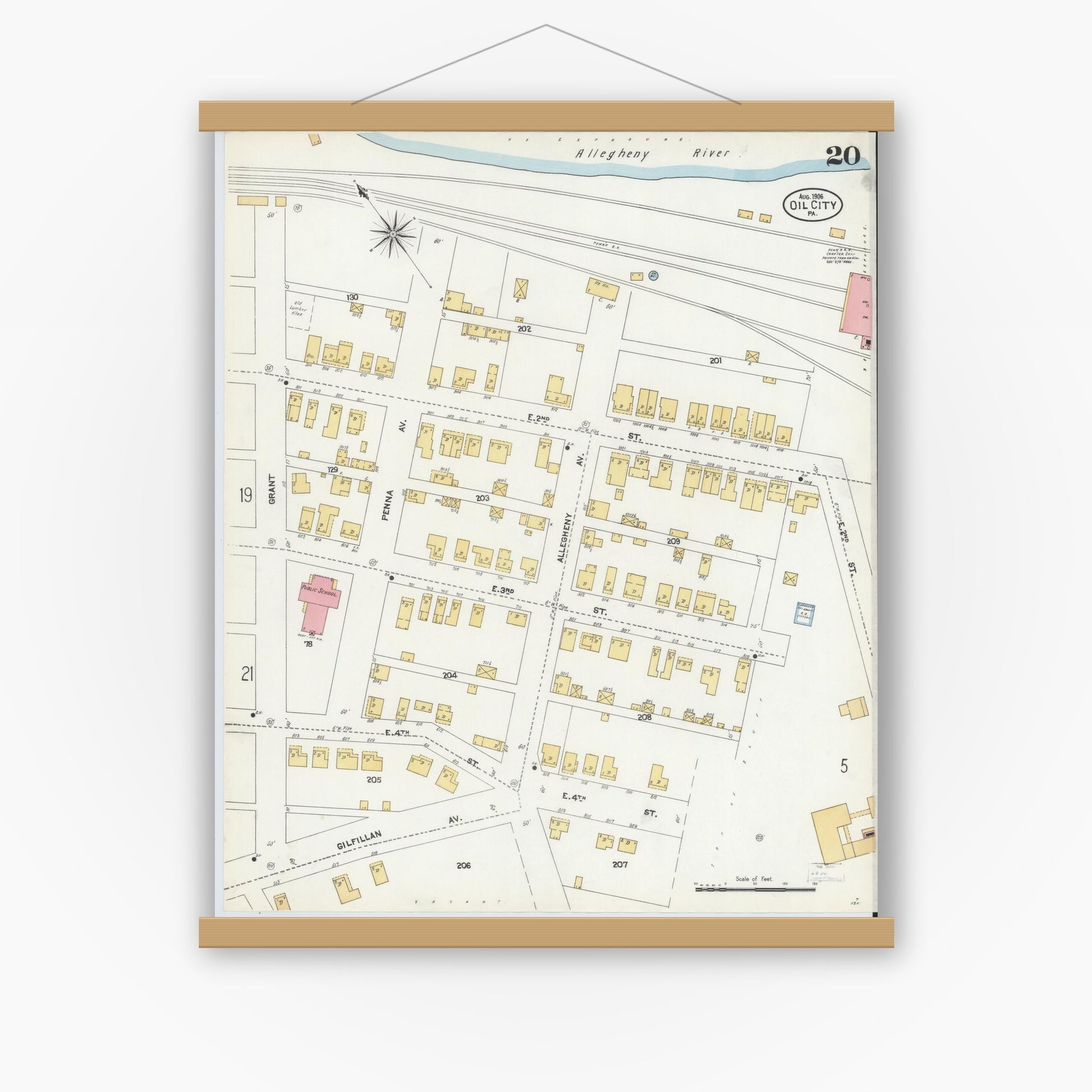 Old map wall art mockup — magnetic wood frame on white wall — Sanborn Fire Insurance Map from Oil City, Venango County, Pennsylvania (1906), Sheet #0020