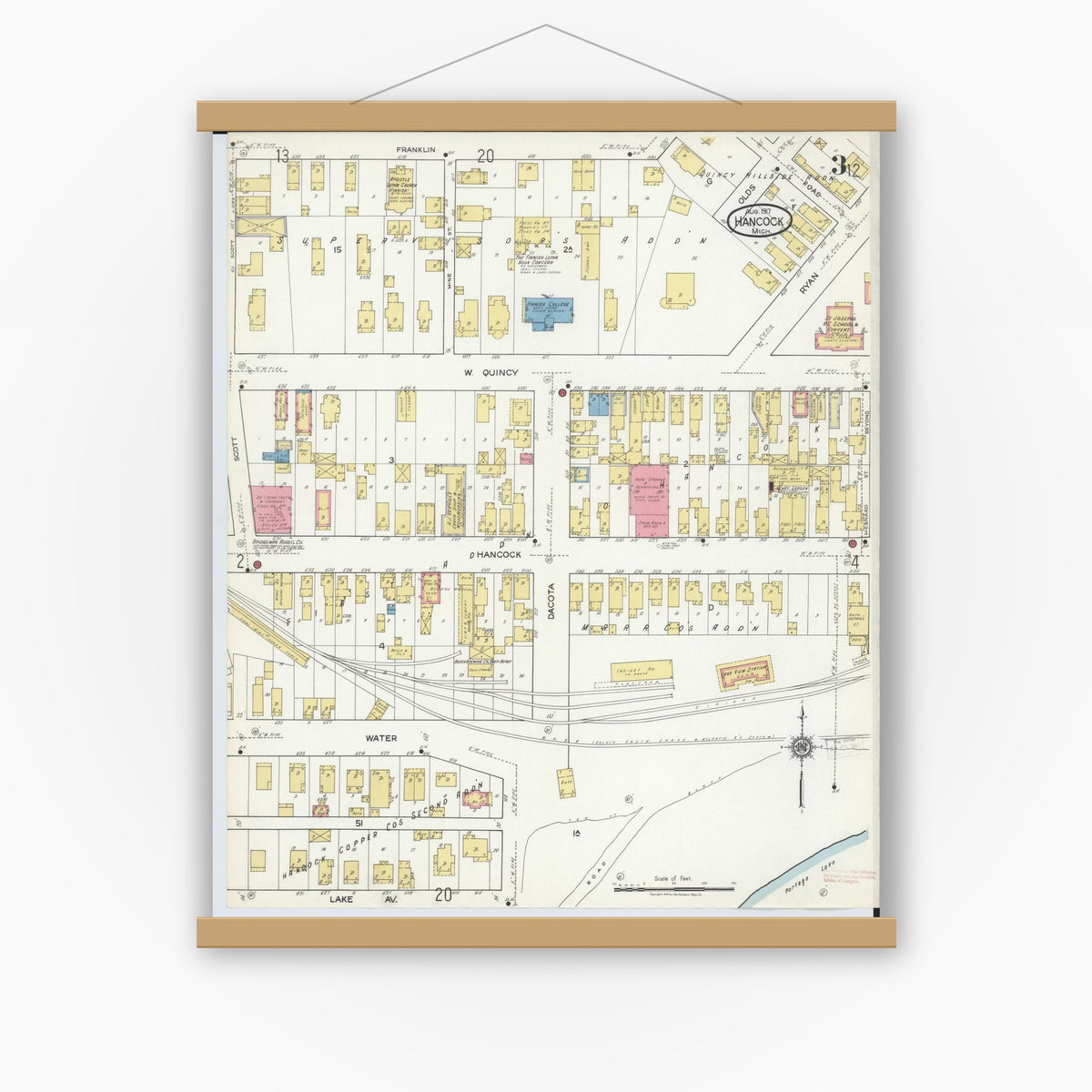 Old map wall art mockup — magnetic wood frame on white wall — Sanborn Fire Insurance Map from Hancock, Houghton County, Michigan (1917), Sheet #0003