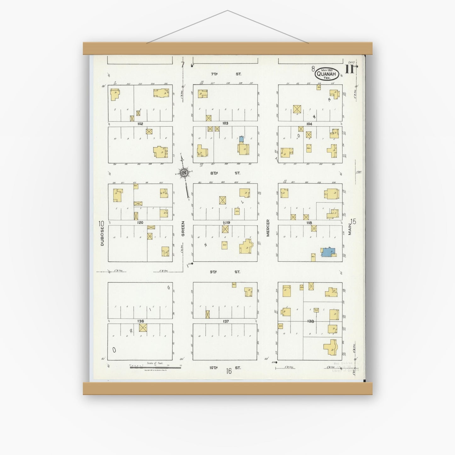 Old map wall art mockup — magnetic wood frame on white wall — Sanborn Fire Insurance Map from Quanah, Hardeman County, Texas (1921), Sheet #0011