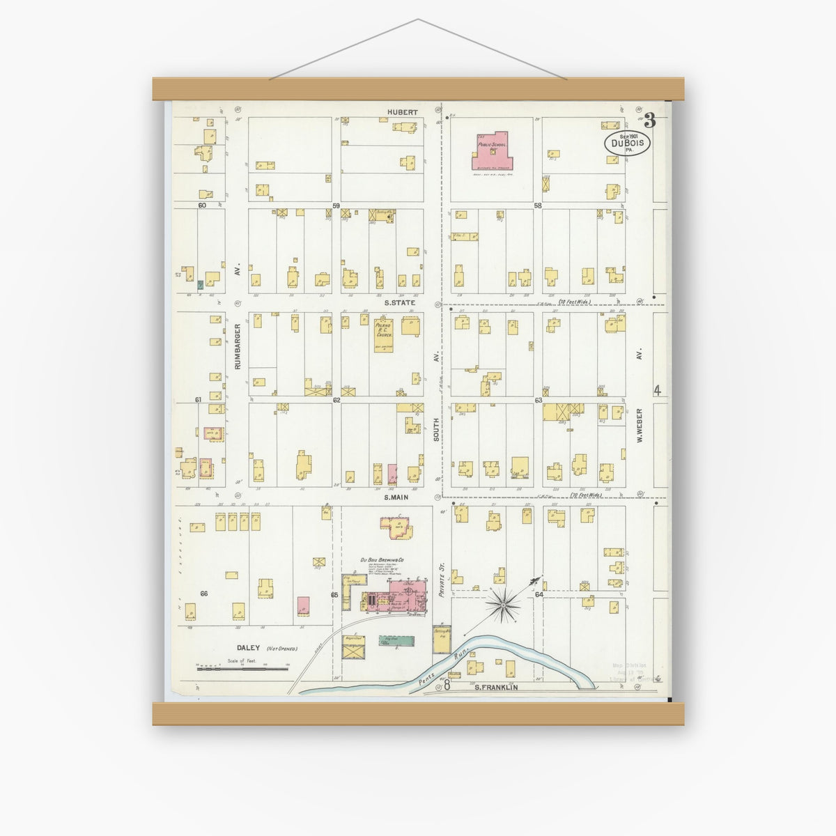 Old map wall art mockup — magnetic wood frame on white wall — Sanborn Fire Insurance Map from Du Bois, Clearfield County, Pennsylvania (1901), Sheet #0003