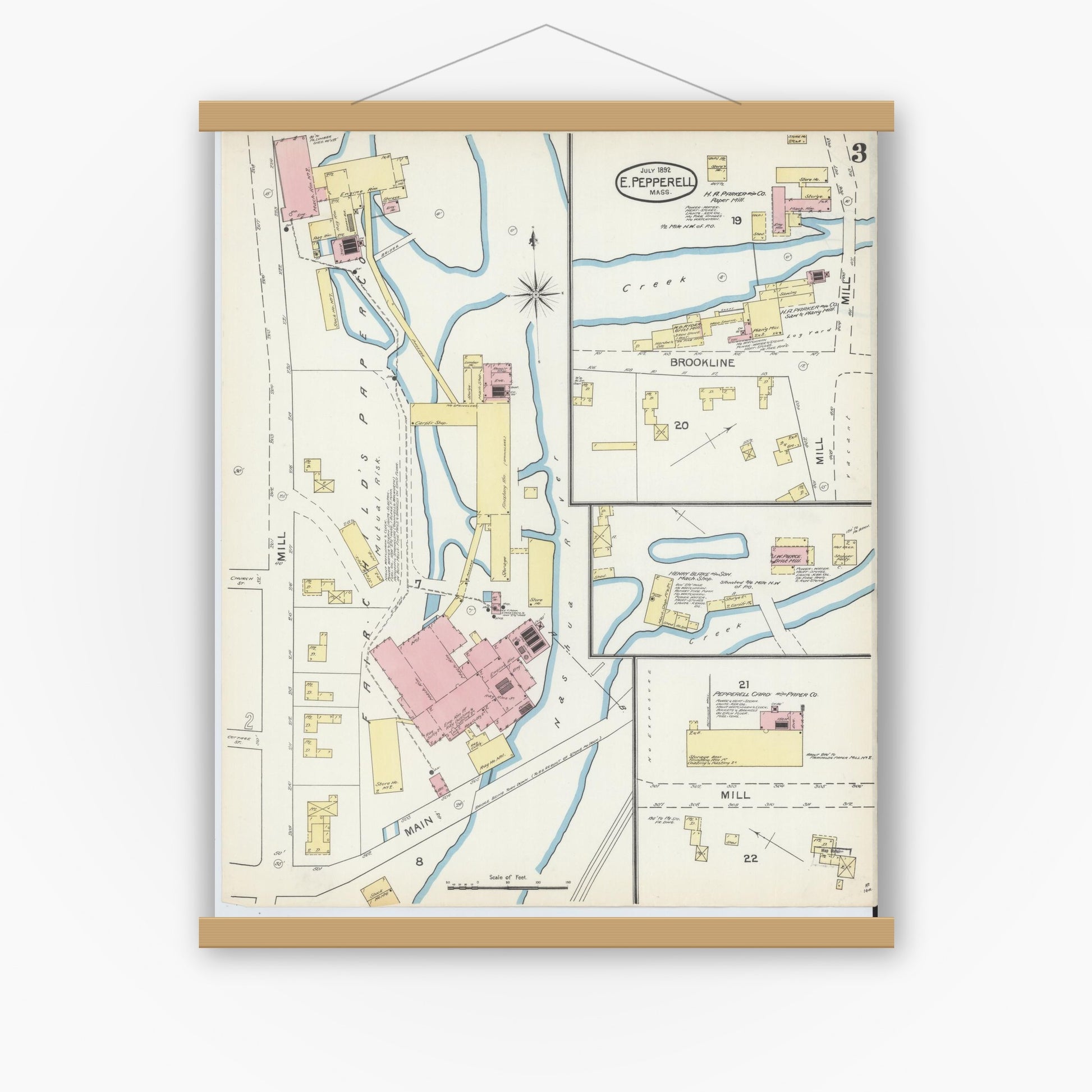 Old map wall art mockup — magnetic wood frame on white wall — Sanborn Fire Insurance Map from East Pepperell, Middlesex County, Massachusetts (1892), Sheet #0003