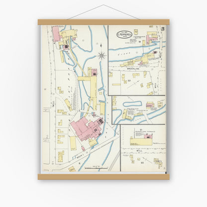 Old map wall art mockup — magnetic wood frame on white wall — Sanborn Fire Insurance Map from East Pepperell, Middlesex County, Massachusetts (1892), Sheet #0003
