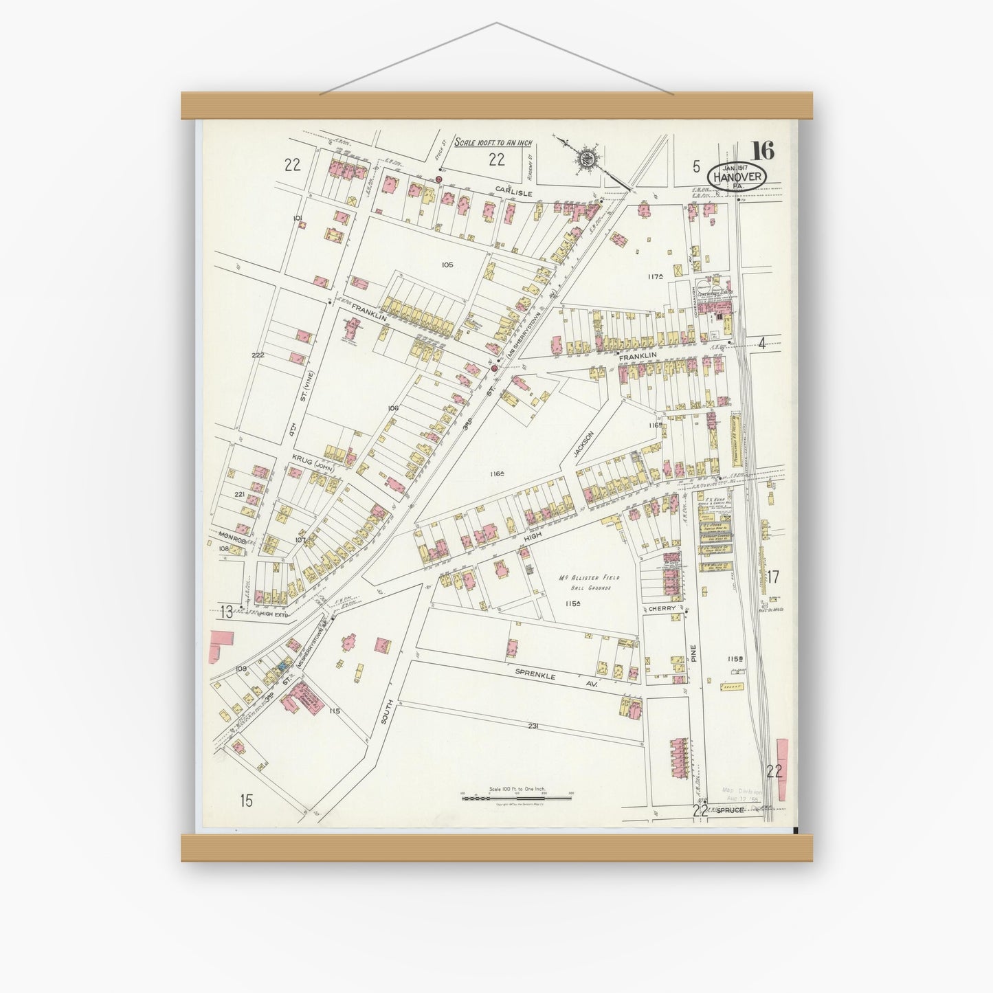 Old map wall art mockup — magnetic wood frame on white wall — Sanborn Fire Insurance Map from Hanover, York County, Pennsylvania (1917), Sheet #0016