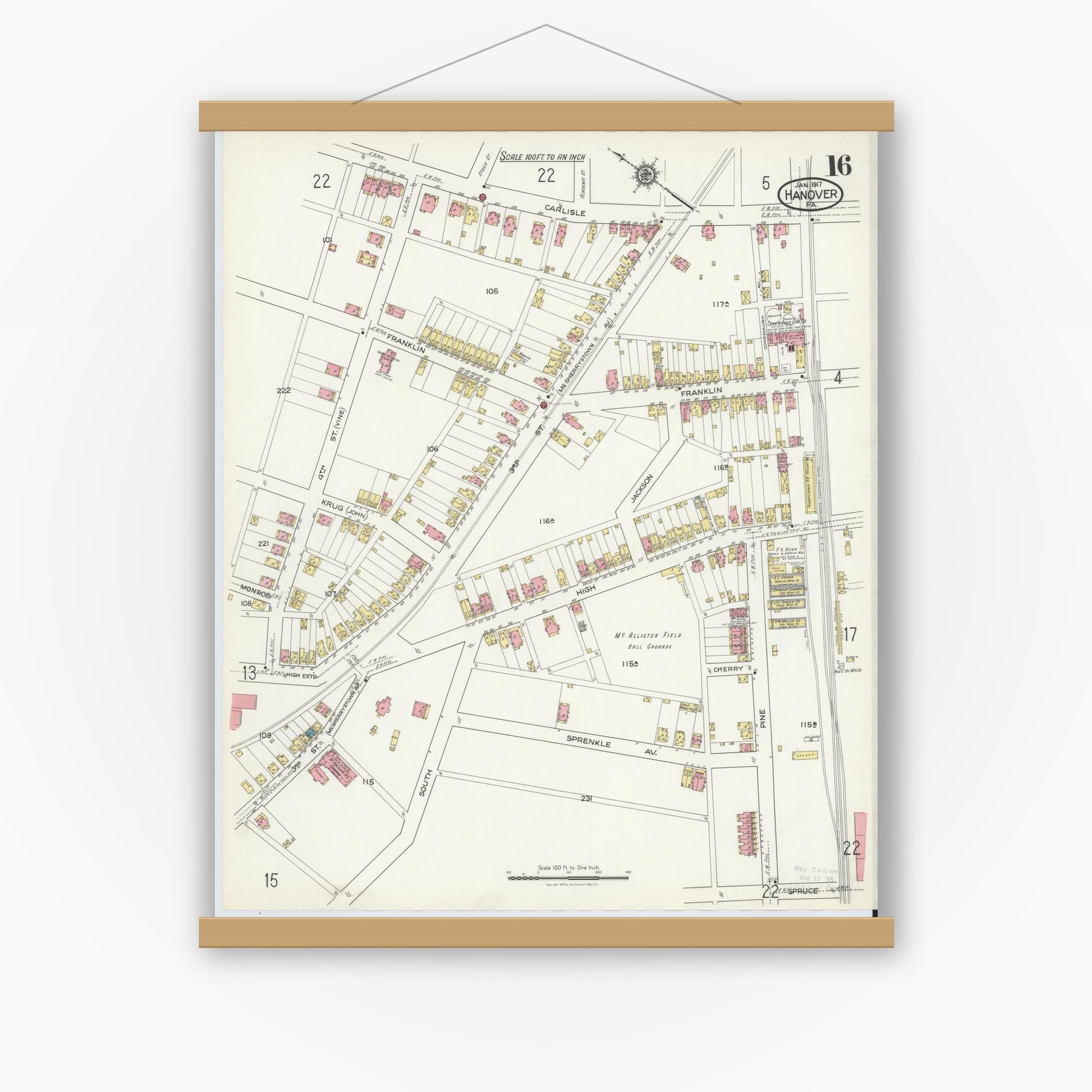 Old map wall art mockup — magnetic wood frame on white wall — Sanborn Fire Insurance Map from Hanover, York County, Pennsylvania (1917), Sheet #0016