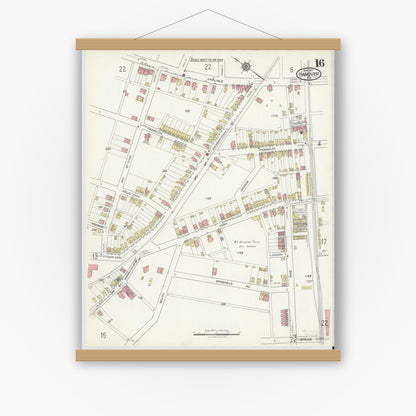 Old map wall art mockup — magnetic wood frame on white wall — Sanborn Fire Insurance Map from Hanover, York County, Pennsylvania (1917), Sheet #0016